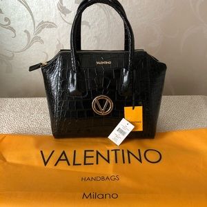 VALENTINO BLACK CROCODILE SATCHEL BAG WITH OPTIONAL ADJUSTABLE SHOULDER STRAP